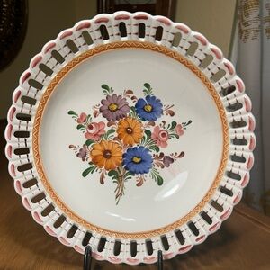 Wechsler Reticulated Porcelain Hand-Painted Floral 9.75" Bowl Austria Vintage
